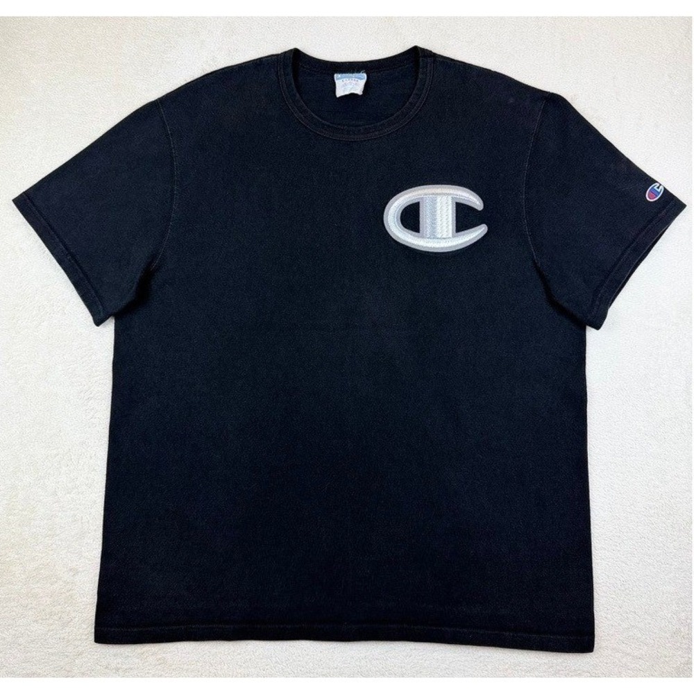 VINTAGE Champion Mens XL Big Logo‎ Embroidered T-Shirt Faded Black Short Sleeve - Picture 1 of 12